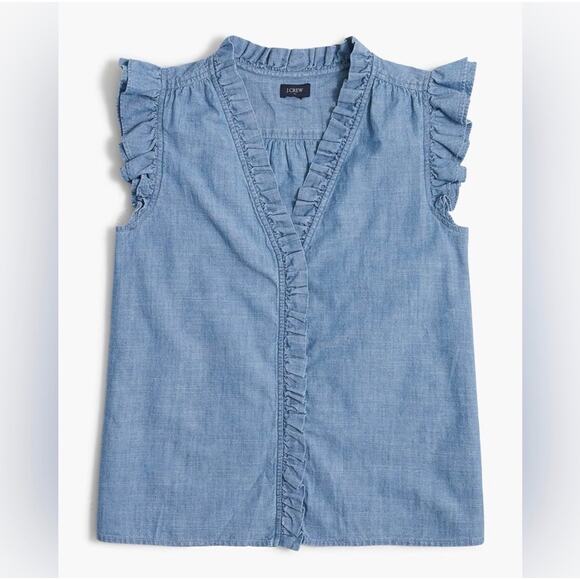 J. Crew Blue Chambray Ruffle Button Up Sleeveless Blouse XL Preppy Casual - Picture 10 of 10